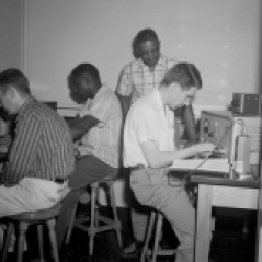 Classroom. Young men in a classroom lab setting, ca. 1947. Paul Henderson, HEN.00.B2-246.